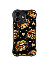 PhoneCasing iPhone 16 case showing celestial cheetah lips, mini hearts, and golden sparkle, a stylish option among premium iPhone 16 cases.