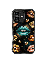PhoneCasing iPhone 16 case with celestial teal lips, leopard print accents, gold glitter, and a bold feminine night-sky mood.