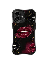 PhoneCasing iPhone 16 case featuring celestial wine lips, gold stars, smoky red texture, and polished black contrast for iPhone 16 cases.