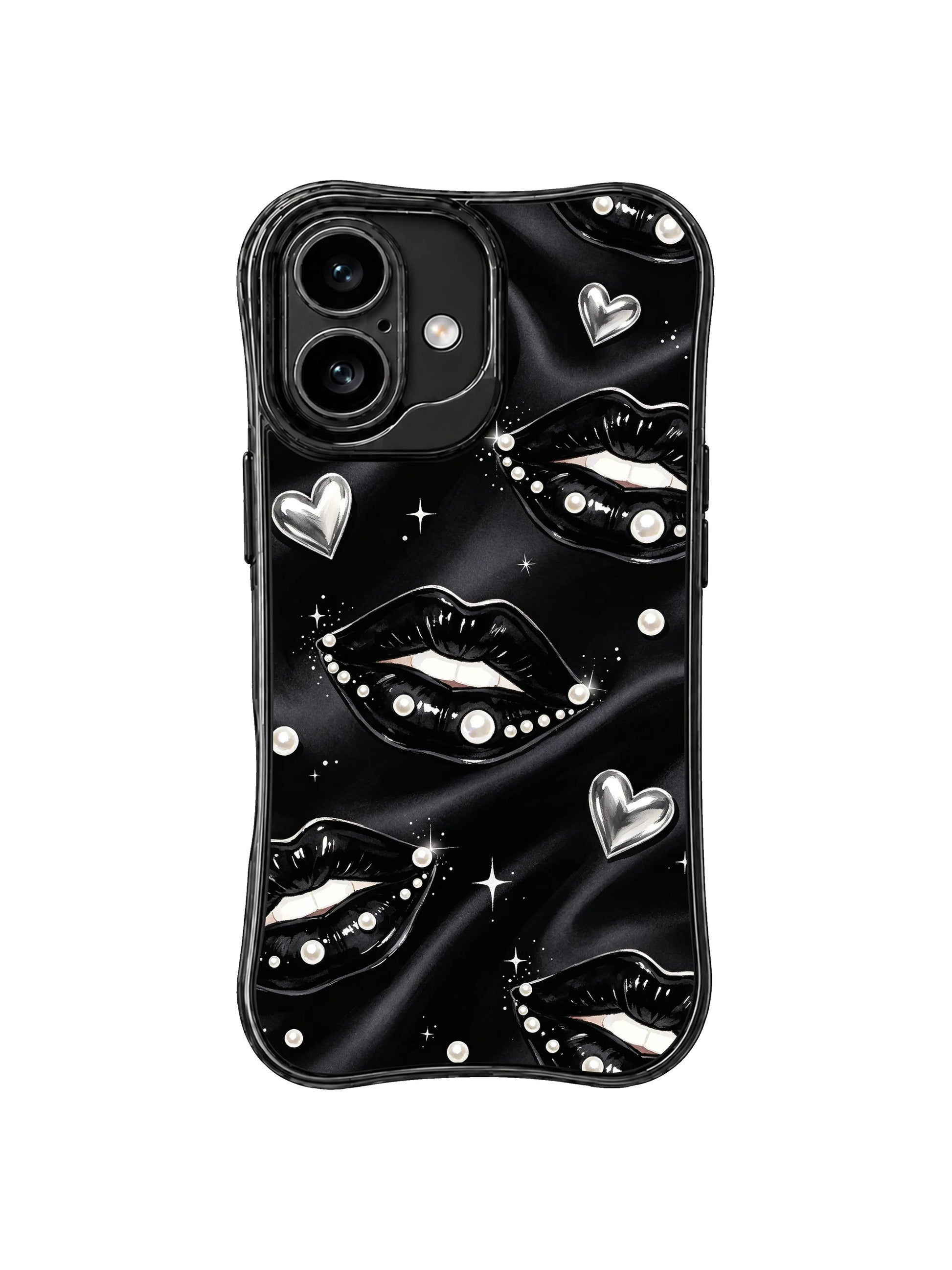 PhoneCasing iPhone 16 case with chrome heart kiss details, black lips, pearl accents, and a sleek iphone 16 cover mood.