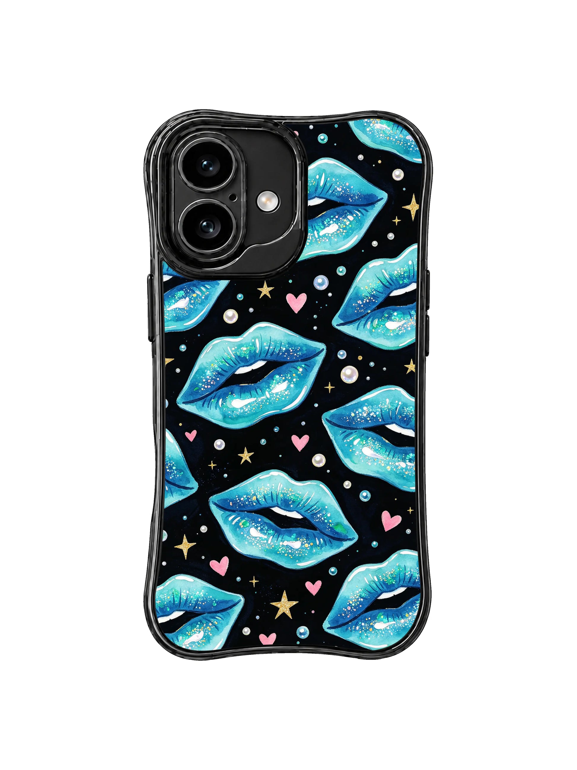 PhoneCasing iPhone 16 case with coastal glitter kiss artwork, aqua blue lips, gold stars, and clean black contrast for iPhone 16 cases.