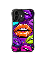 PhoneCasing iPhone 16 case featuring a color beat lip pattern with orange, pink, green, blue, and purple lips for expressive iPhone 16 cases.