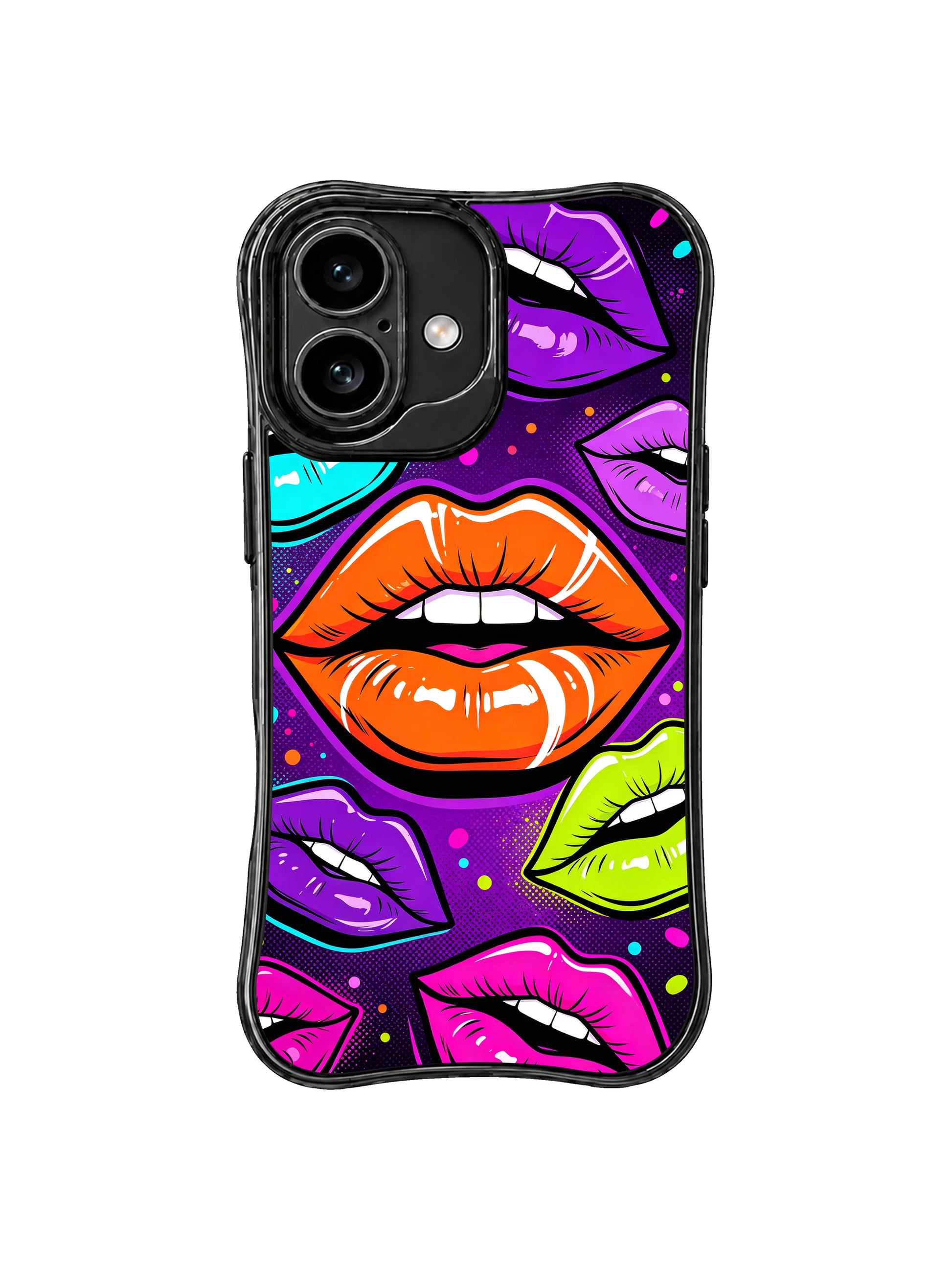 PhoneCasing iPhone 16 case featuring a color beat lip pattern with orange, pink, green, blue, and purple lips for expressive iPhone 16 cases.