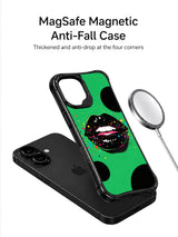 PhoneCasing iPhone 16 case featuring black glossy lips, bright color splatter, and oversized black circles for an expressive iPhone 16 cover.
