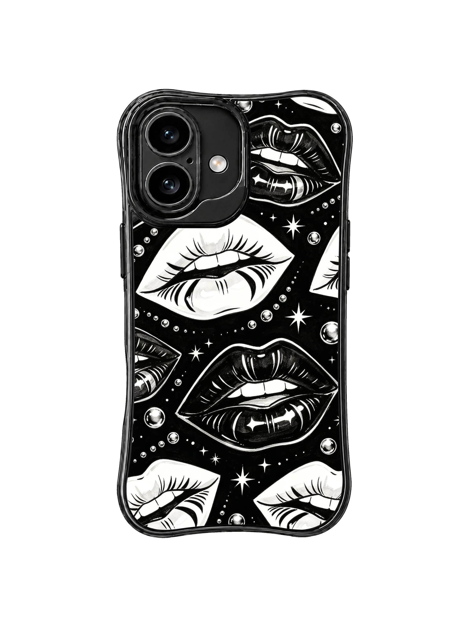 PhoneCasing iPhone 16 case with contrast kiss cover artwork, white lips, black glossy accents, and a bold iPhone 16 Pro Max case inspired feel.