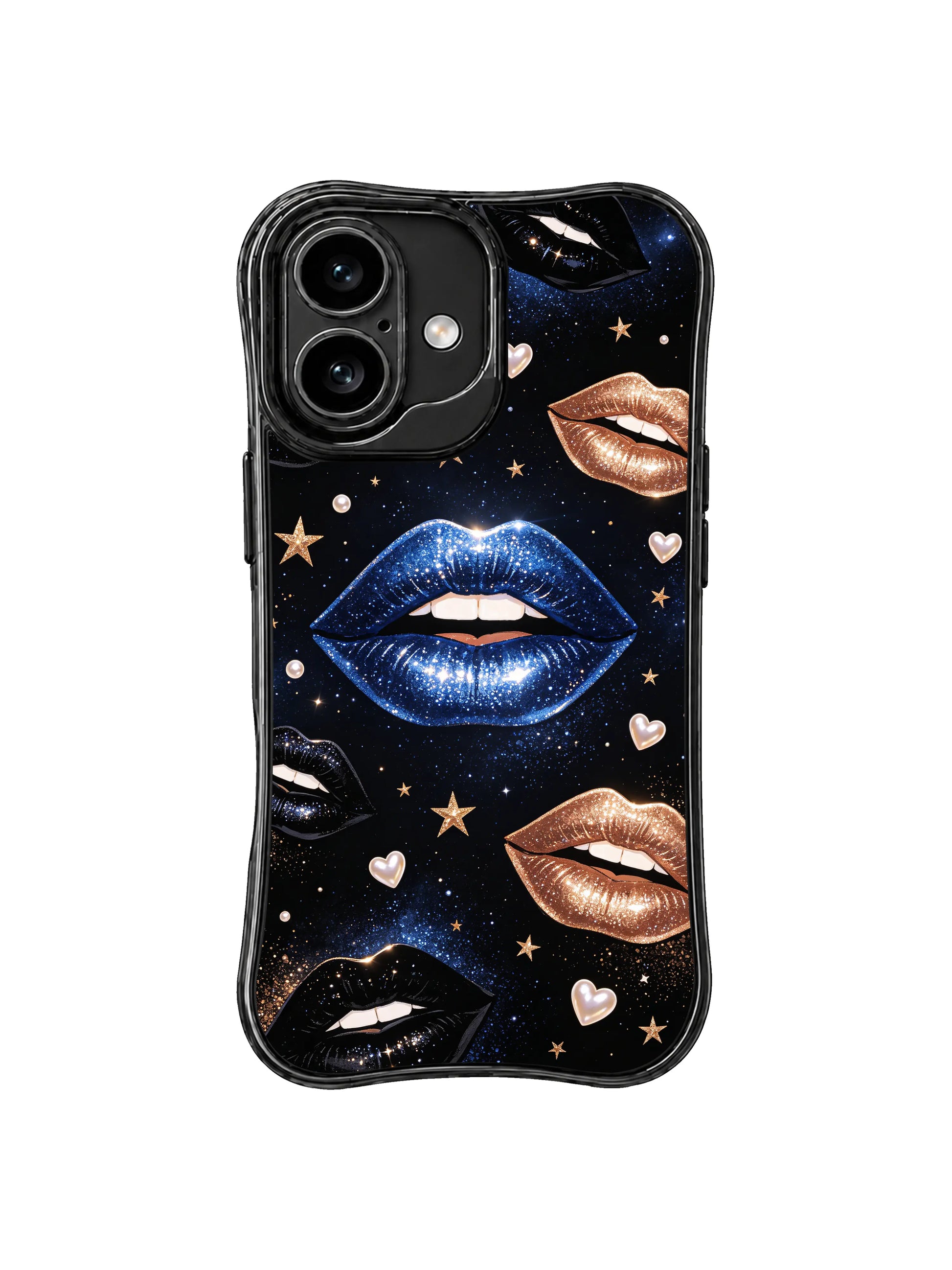 PhoneCasing iPhone 16 case featuring cool romance blue lips, gold hearts, tiny stars, and an elegant black celestial background.