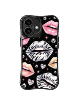 PhoneCasing iPhone 16 case with coquette zebra lips art, pink star details, crystal hearts, and refined black-background glamour.