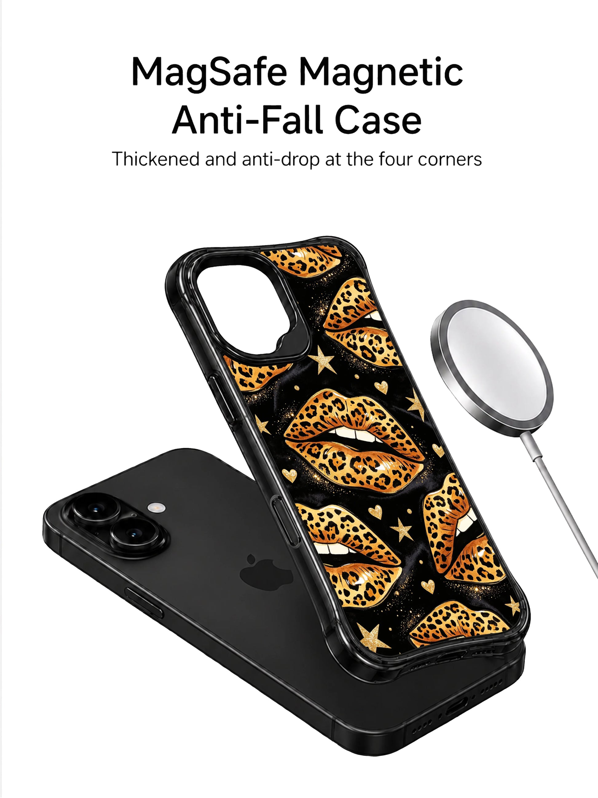 PhoneCasing iPhone 16 case showing cosmic leopard lips, scattered glitter, and tiny hearts, offering a chic iPhone16 casing with a playful night-out mood.