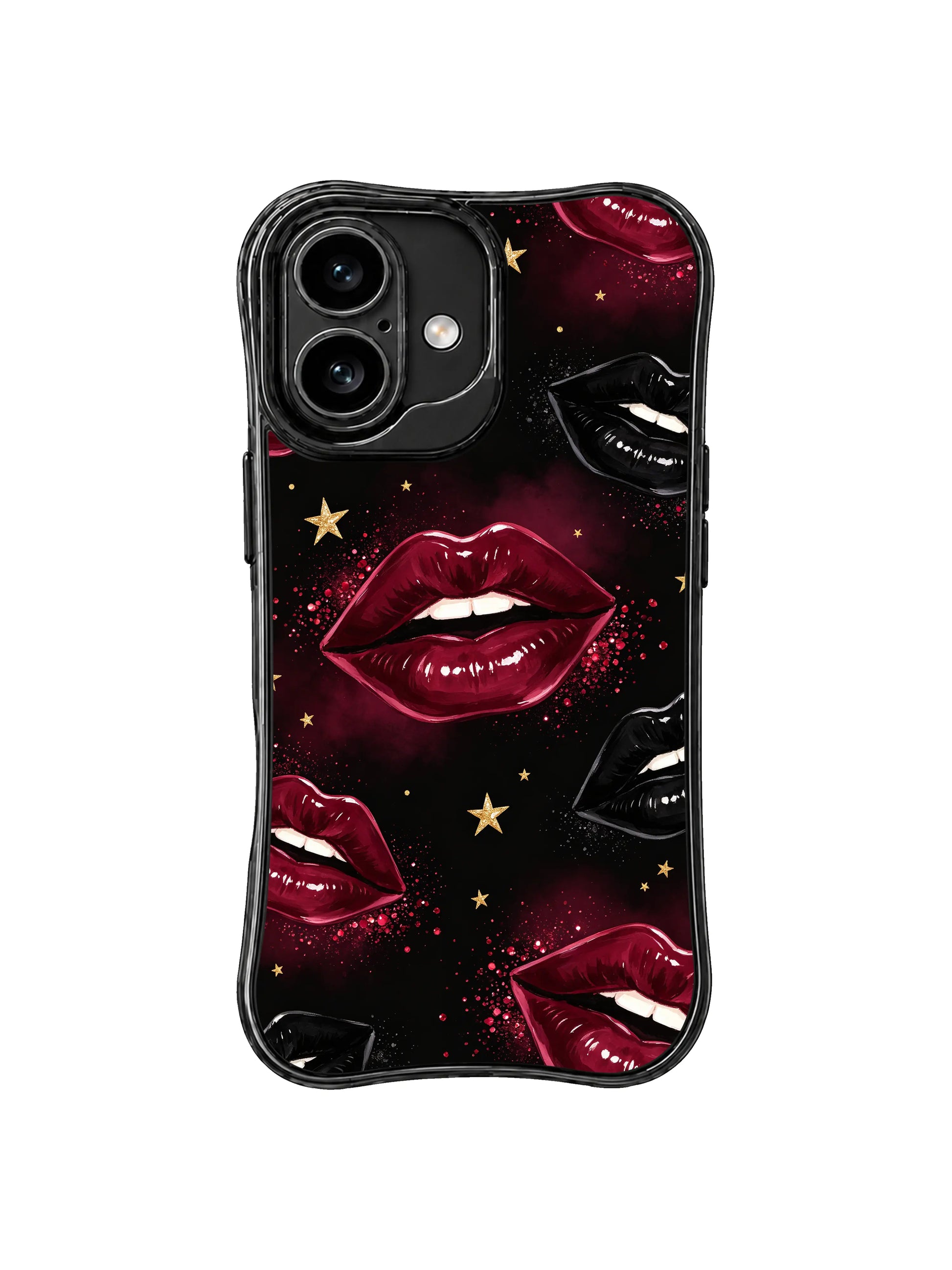 PhoneCasing iPhone 16 case with crimson night kiss artwork, black gloss lip contrast, and elegant star accents for a modern iPhone16 casing.
