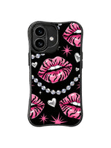 PhoneCasing iPhone 16 case with crystal hearts, pink tiger lips, and sleek black contrast for a refined iPhone 16 casing choice.