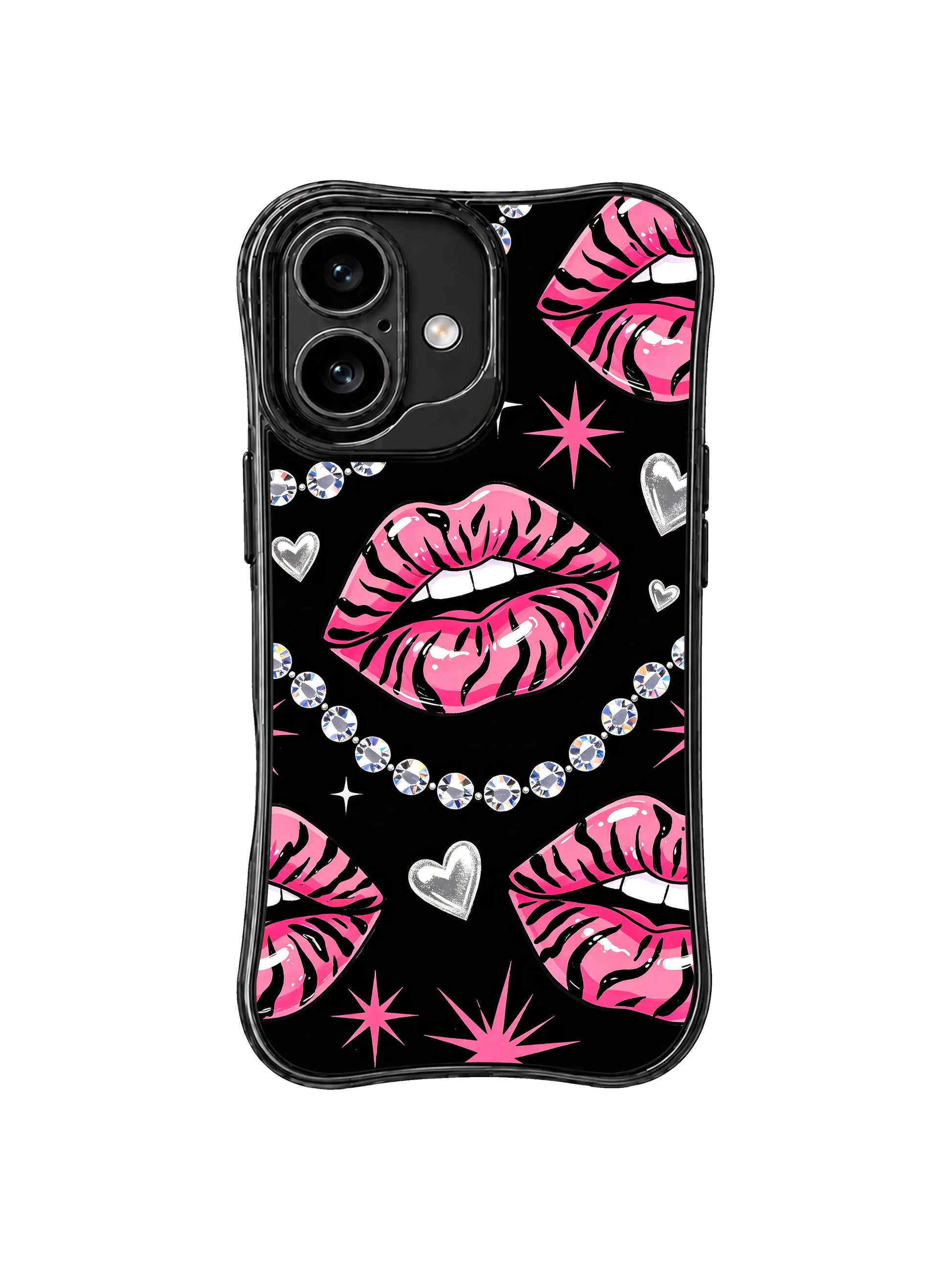 PhoneCasing iPhone 16 case with crystal hearts, pink tiger lips, and sleek black contrast for a refined iPhone 16 casing choice.