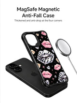 PhoneCasing iPhone 16 case with crystal hearts, silver zebra kiss artwork, soft pink lips, and sparkling night-glam fashion illustration.