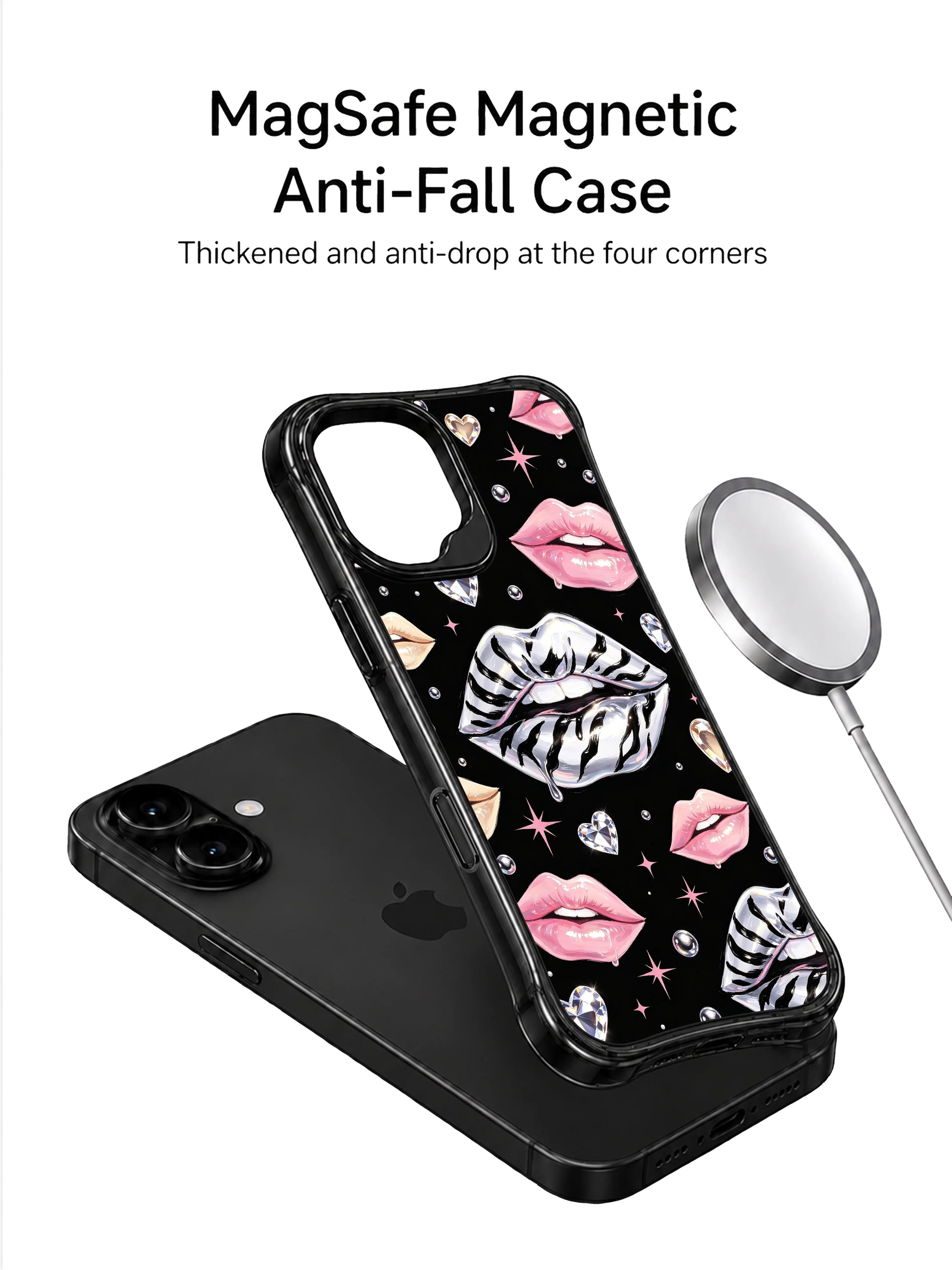 PhoneCasing iPhone 16 case with crystal hearts, silver zebra kiss artwork, soft pink lips, and sparkling night-glam fashion illustration.