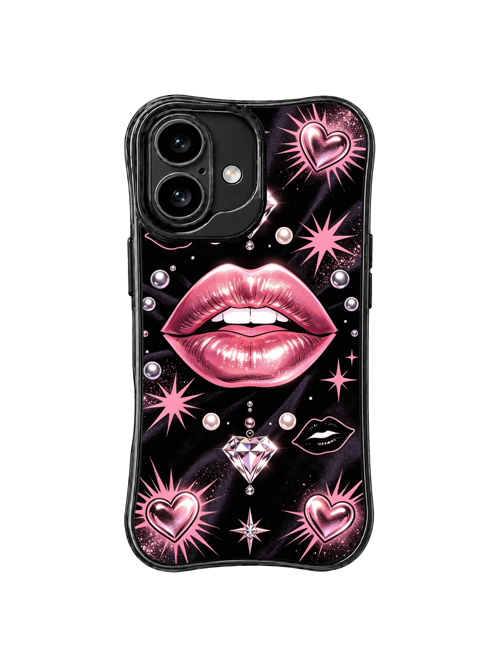 PhoneCasing iPhone 16 case showing crystal hearts, pink shimmer lips, and starry spark details, an artistic iPhone 16 cover with romantic statement appeal.