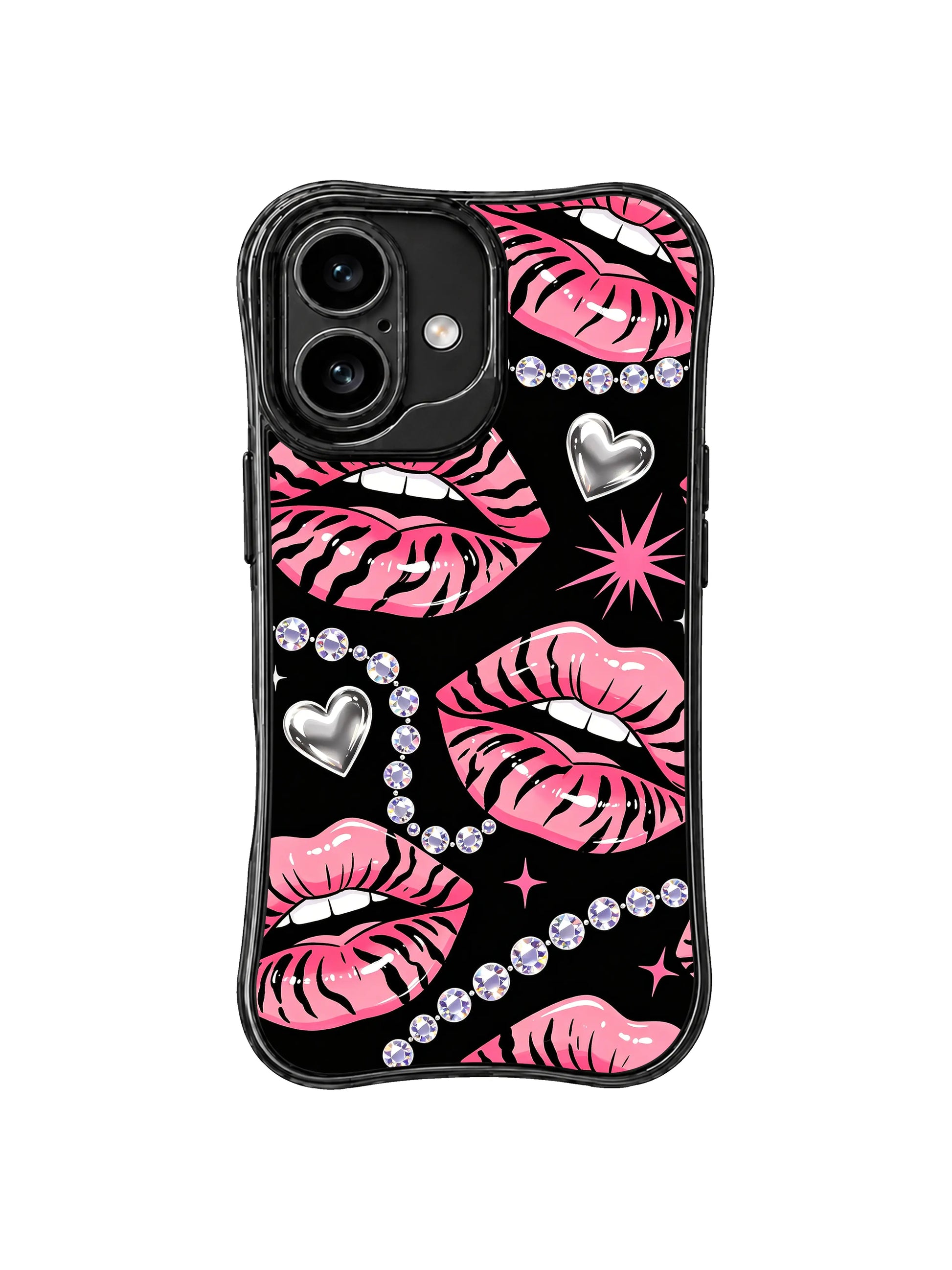 PhoneCasing iPhone 16 case featuring Crystal Noir pink lips with black tiger stripes and silver accents for iPhone 16 Pro case styling.