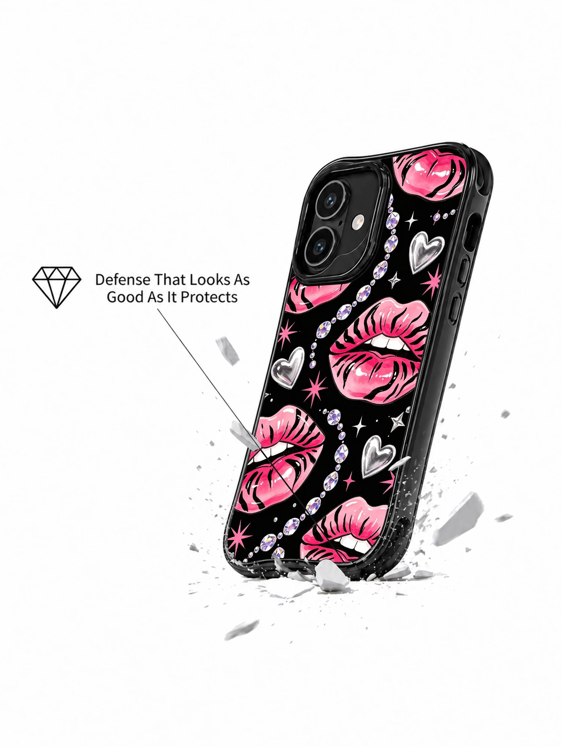 PhoneCasing iPhone 16 case featuring crystal tiger kiss artwork with pink lips, black stripe details, and polished glam energy.