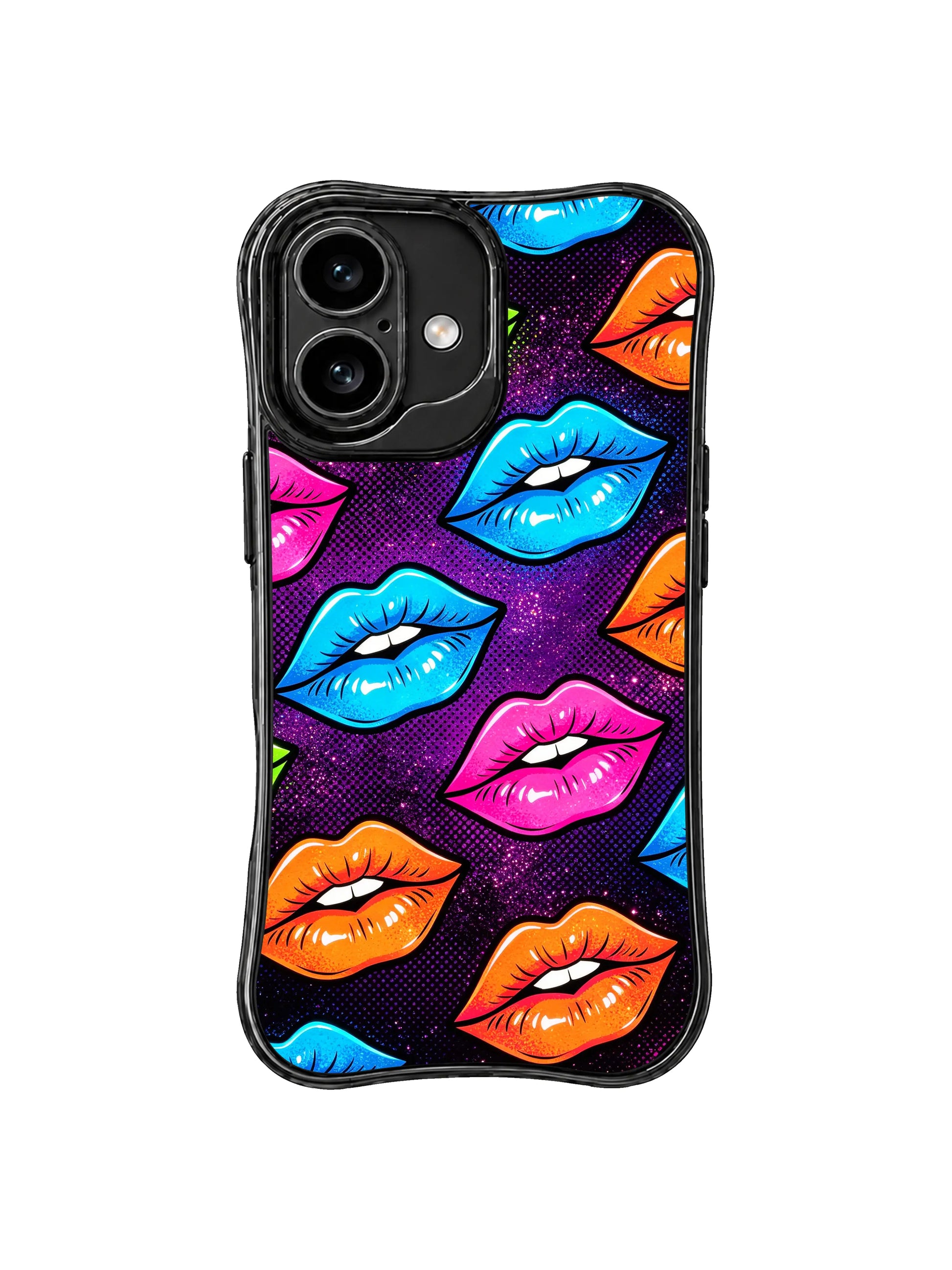 PhoneCasing iPhone 16 case with cyan, orange, lime, and pink lips layered over a dark glitter texture for an elevated iPhone 16 casing style.
