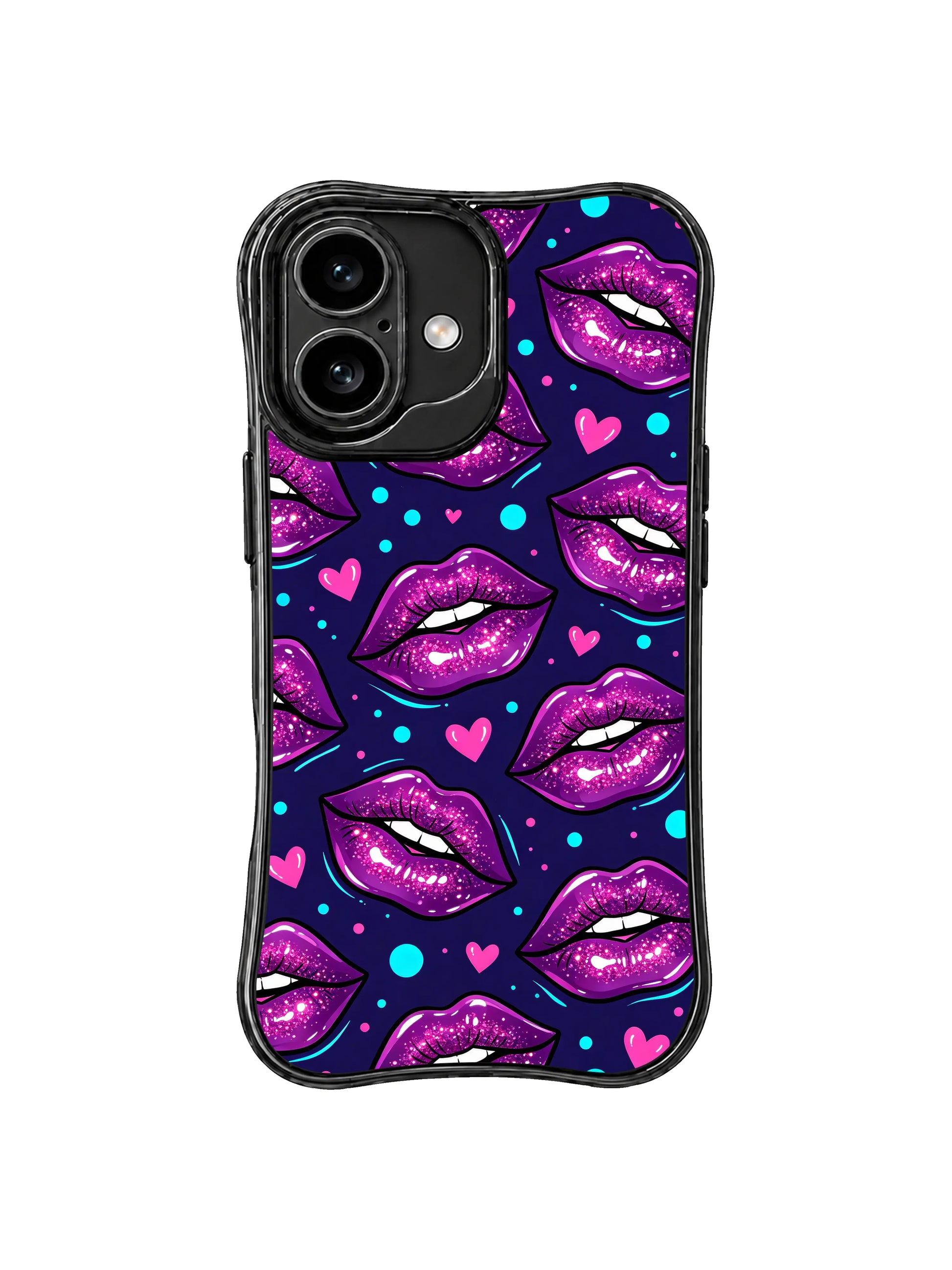 PhoneCasing iPhone 16 case with dark blue background, glossy purple lips, and playful heart details for an elevated iPhone16 casing look.