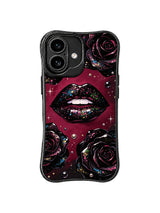 PhoneCasing iPhone 16 case with dark floral lips artwork, black roses, colored glitter, and a moody fashion illustration style.