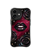 PhoneCasing iPhone 16 case with dark romance lip pattern, black roses, jewel-like dots, and refined shine for a distinctive iphone 16 cover.