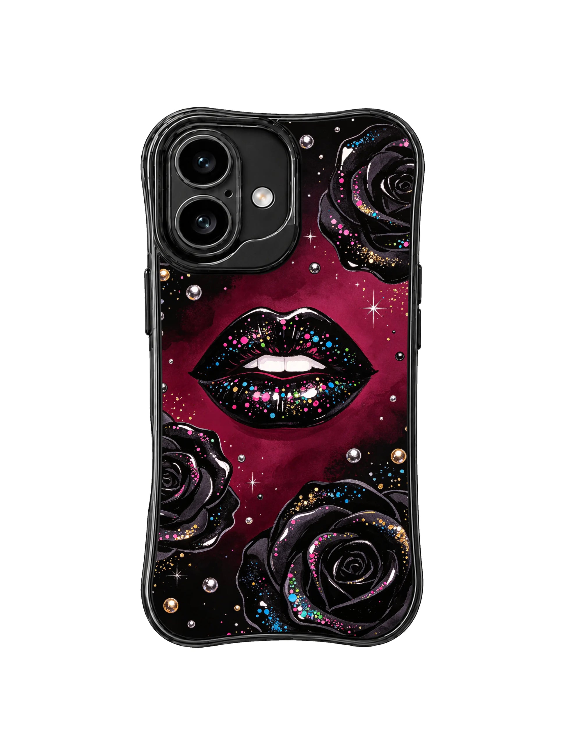 PhoneCasing iPhone 16 case with dark romance lip pattern, black roses, jewel-like dots, and refined shine for a distinctive iphone 16 cover.