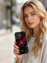 PhoneCasing iPhone 16 case with dark romance lips, burgundy sparkle, gold stars, and a visual style also loved by iPhone 16 Pro case shoppers.