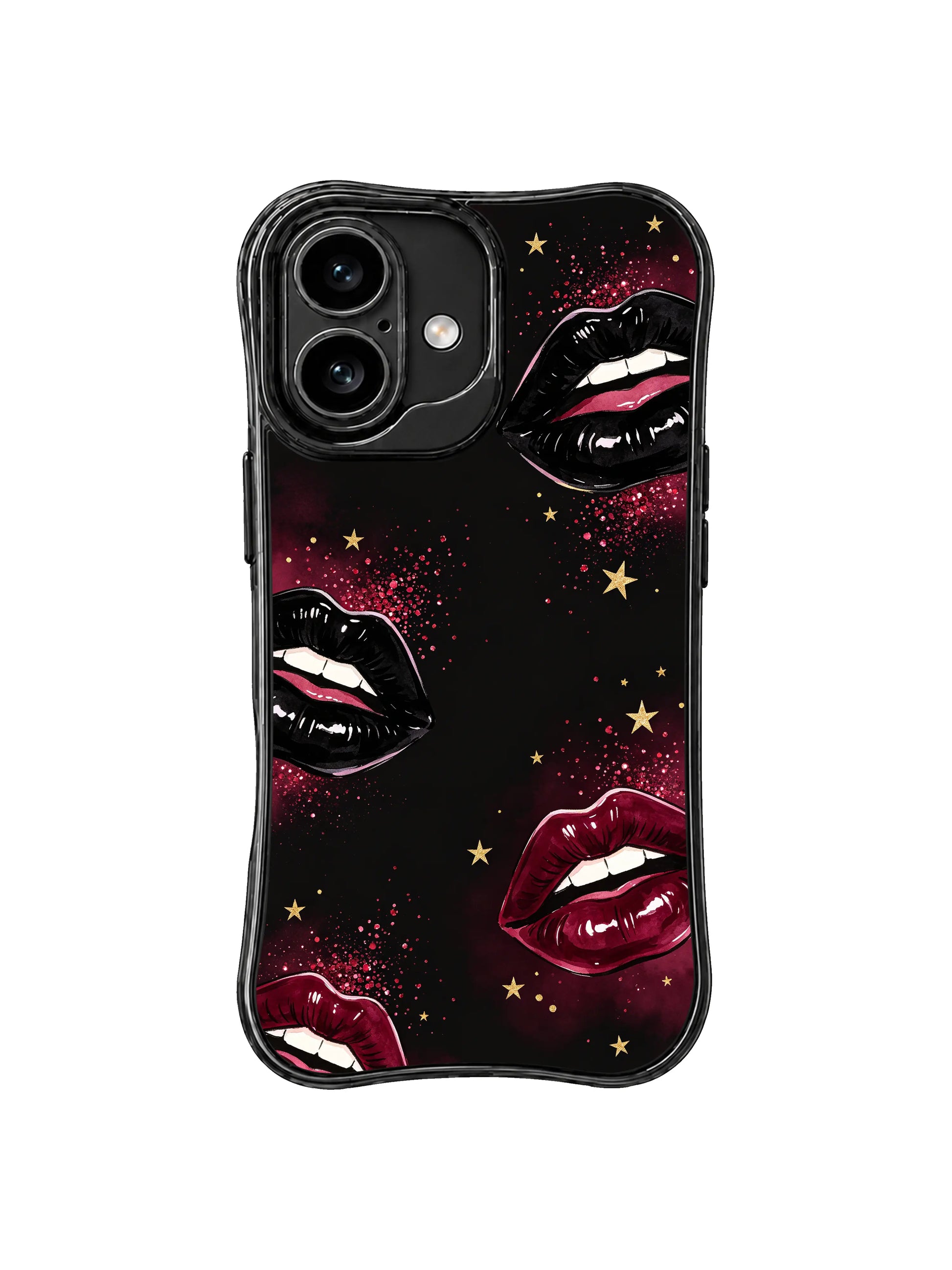 PhoneCasing iPhone 16 case featuring dark wine orbit artwork with red lips, gold stars, and a dramatic iPhone 16 Pro Max case inspired mood.
