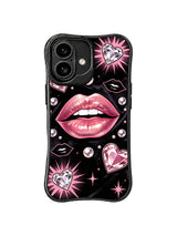 PhoneCasing iPhone 16 case with luminous lips, diamond heart icons, and a midnight black background, an expressive iPhone 16 cover with sweet but confident style.