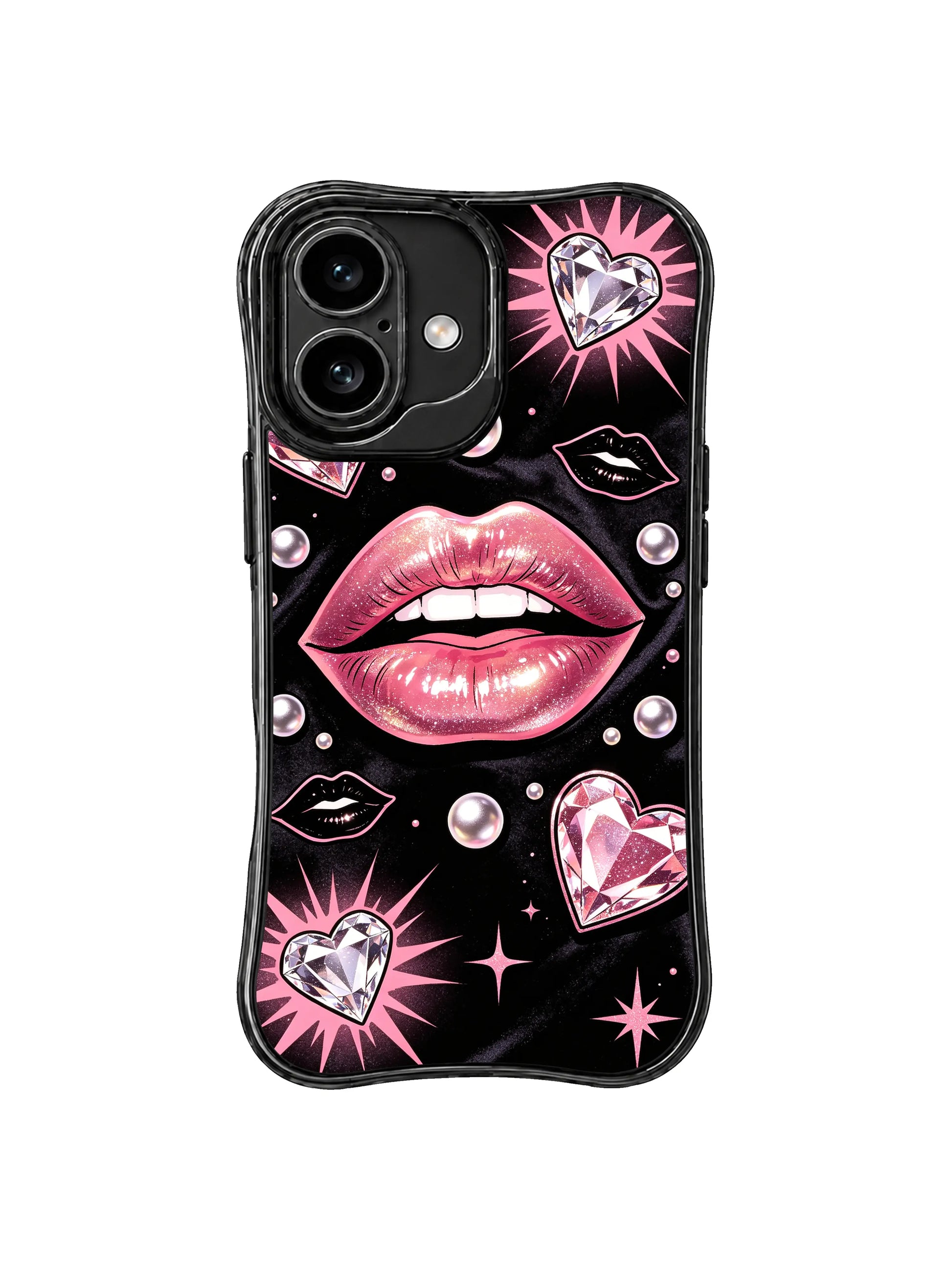 PhoneCasing iPhone 16 case with luminous lips, diamond heart icons, and a midnight black background, an expressive iPhone 16 cover with sweet but confident style.