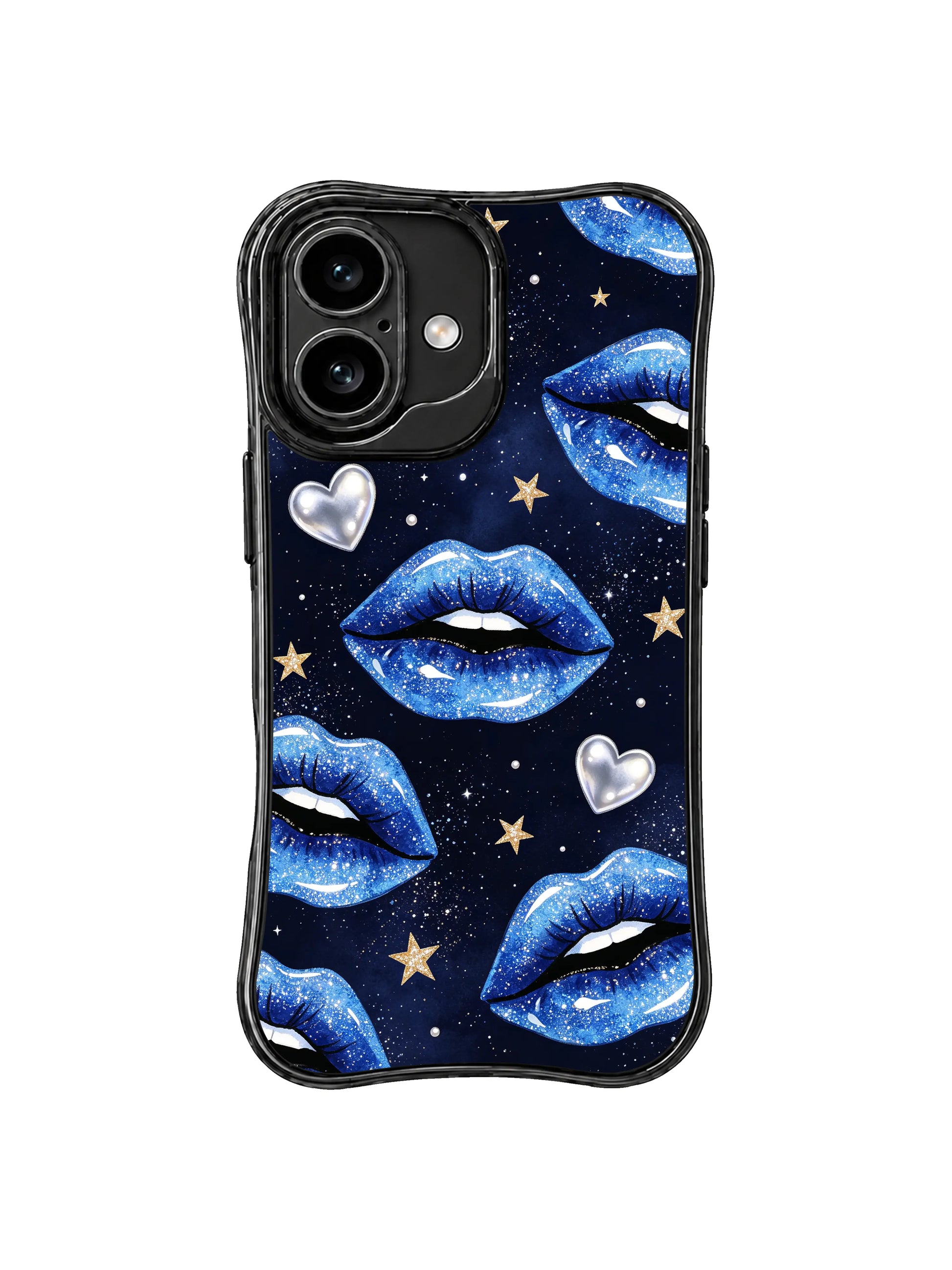 PhoneCasing iPhone 16 case featuring Dream Blue Kiss artwork with luminous lips, silver hearts, and a midnight sky inspired background.