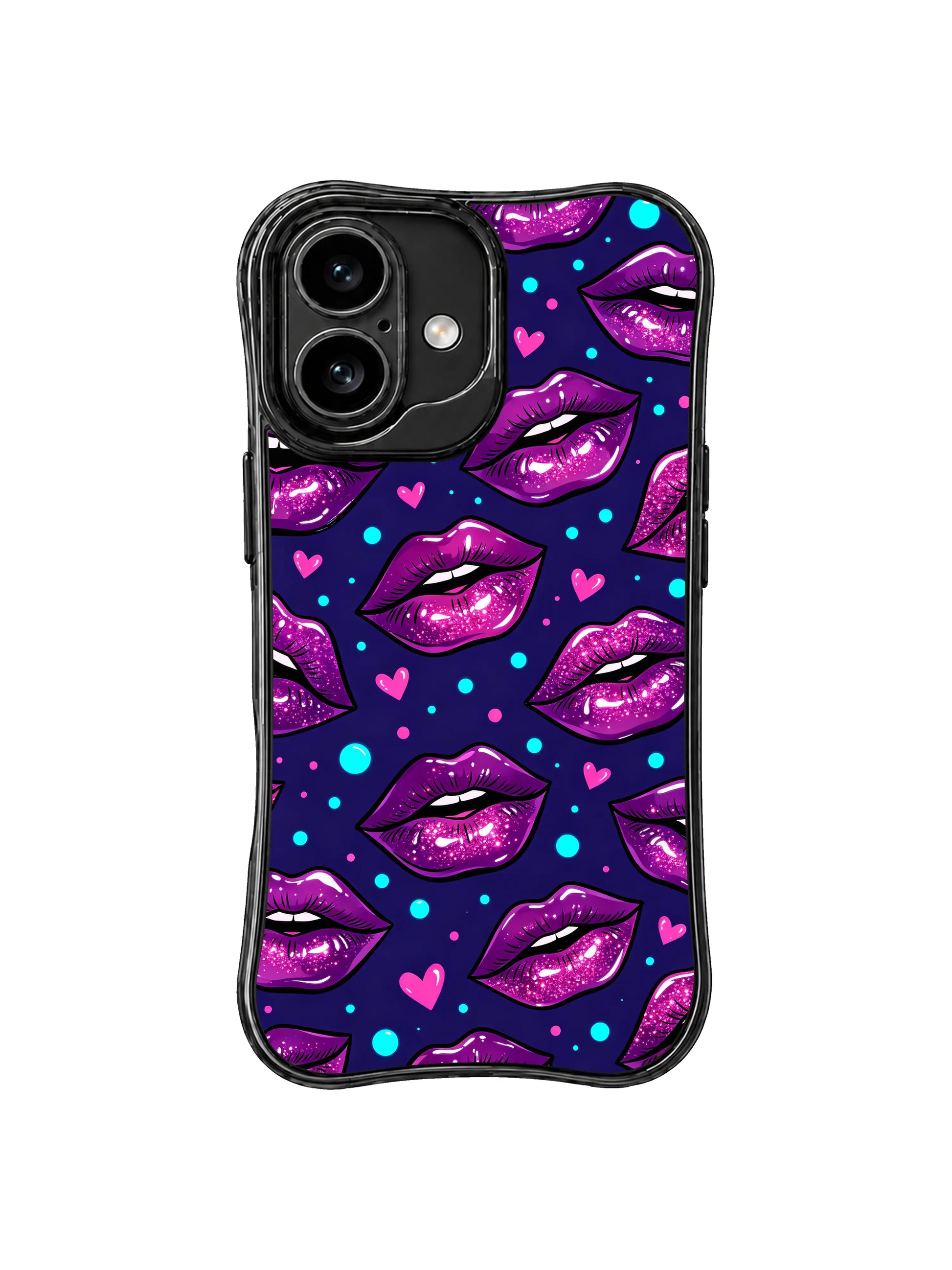 PhoneCasing iPhone 16 case designed as a dreamy purple lip iphone 16 cover with glitter shine, black outlines, and bright candy-pop details.