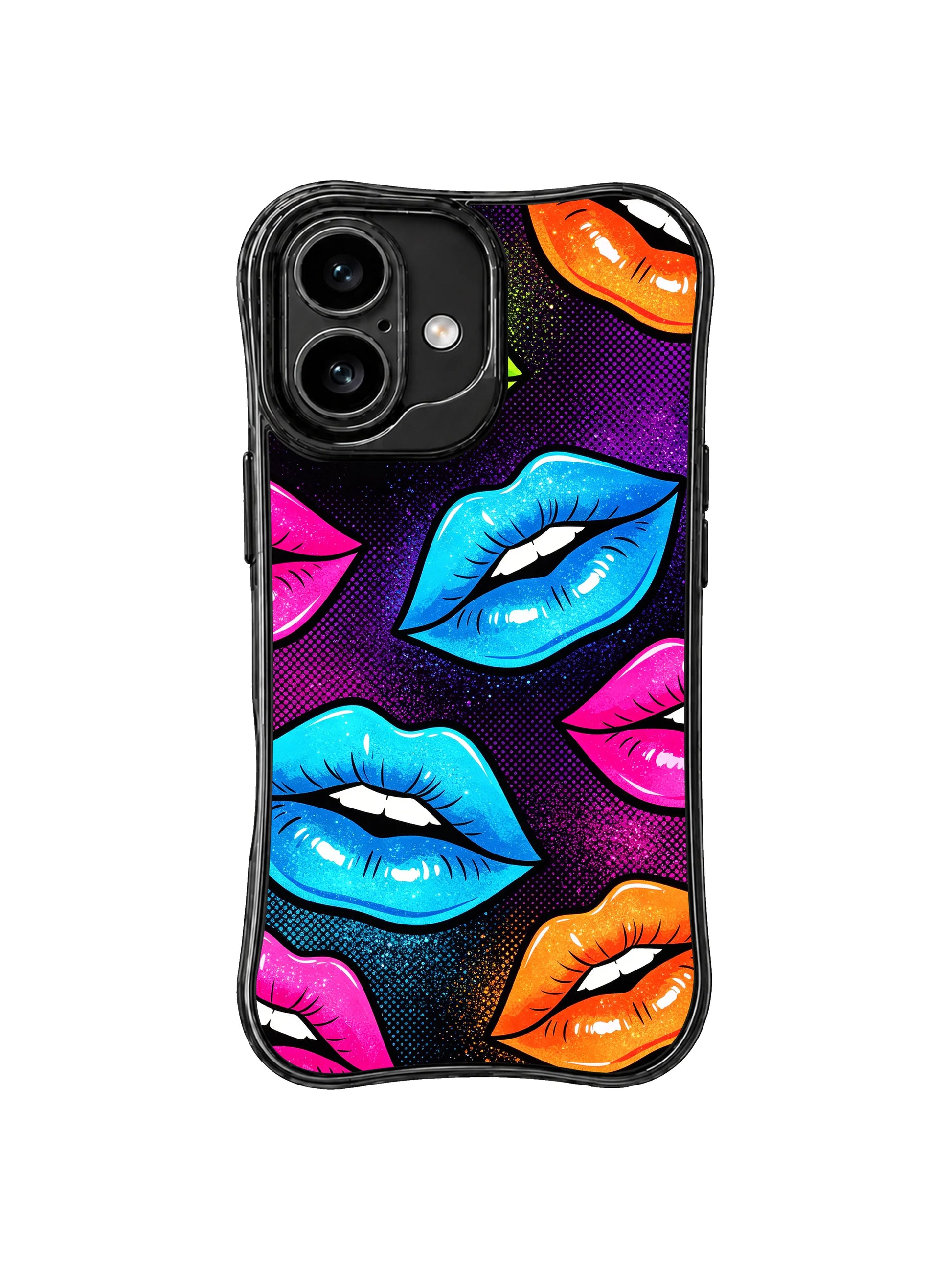 PhoneCasing iPhone 16 case featuring electric color lips and cosmic halftone texture, ideal for a bold iPhone16 casing look.