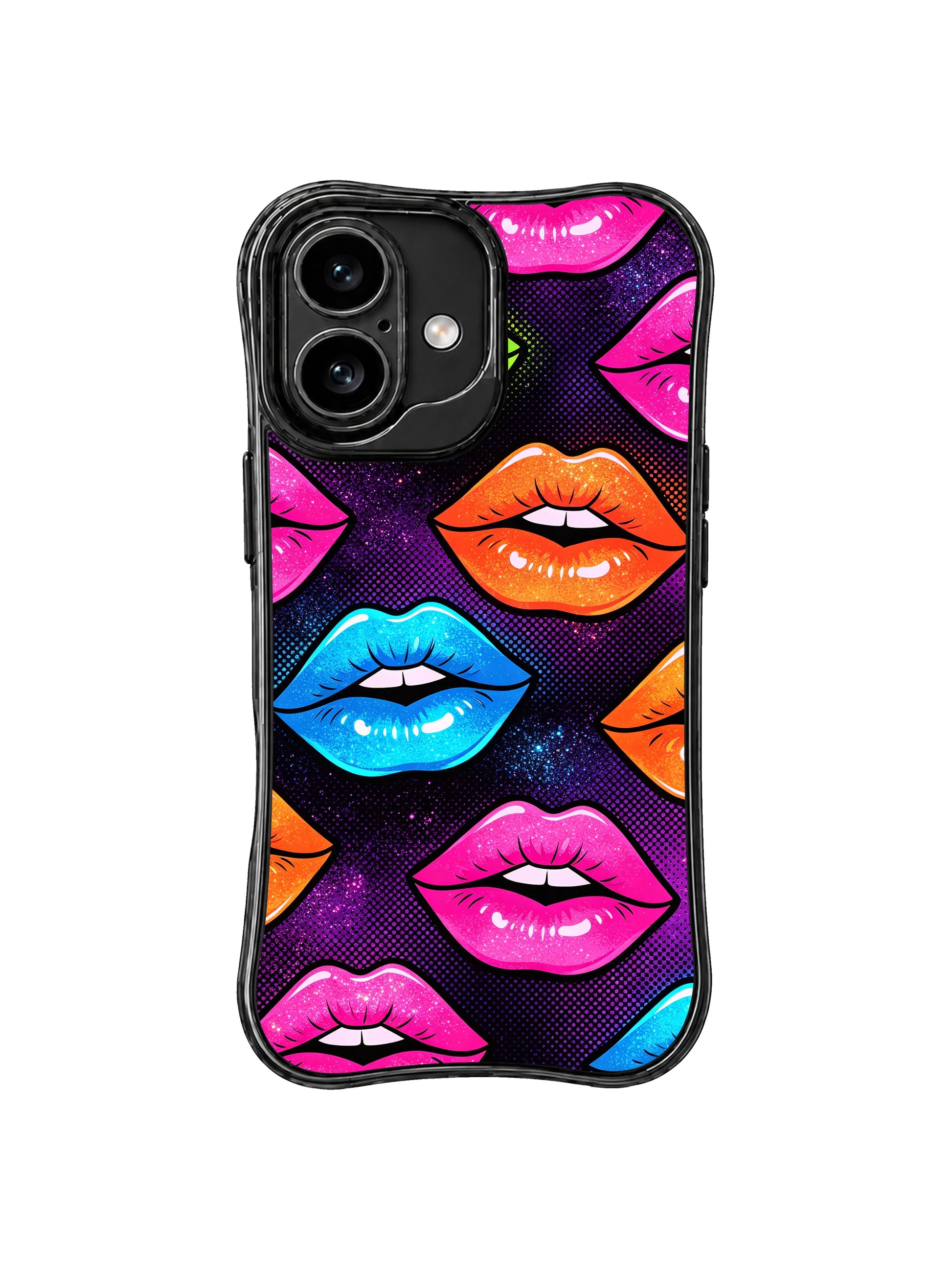 PhoneCasing iPhone 16 case with electric lime accents, neon lips, and a high-energy pop layout for customers comparing an iPhone 16 cover.