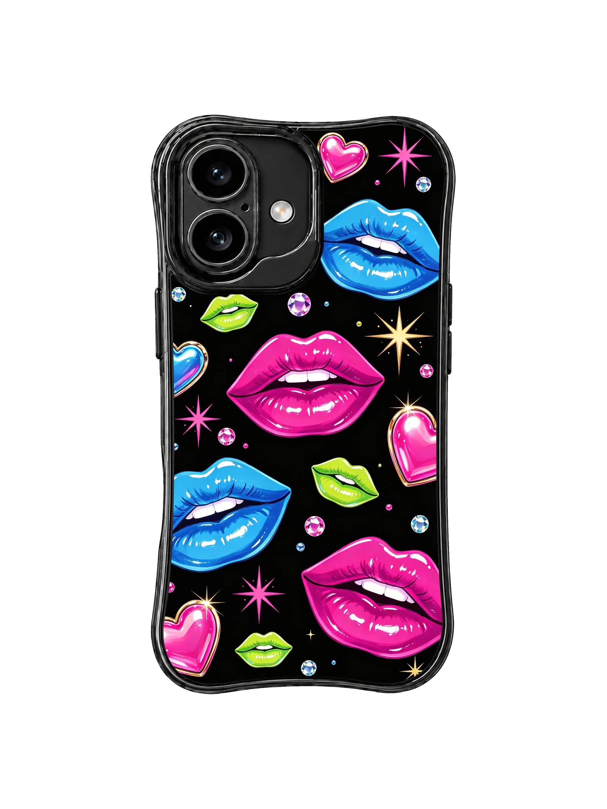 PhoneCasing iPhone 16 case featuring Electric Love Kiss artwork with neon lips, glowing hearts, and gem details in a black party-night layout.