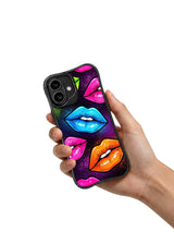 PhoneCasing iPhone 16 case with electric music festival color, neon lips, and cosmic purple texture for a standout iPhone 16 cover look.