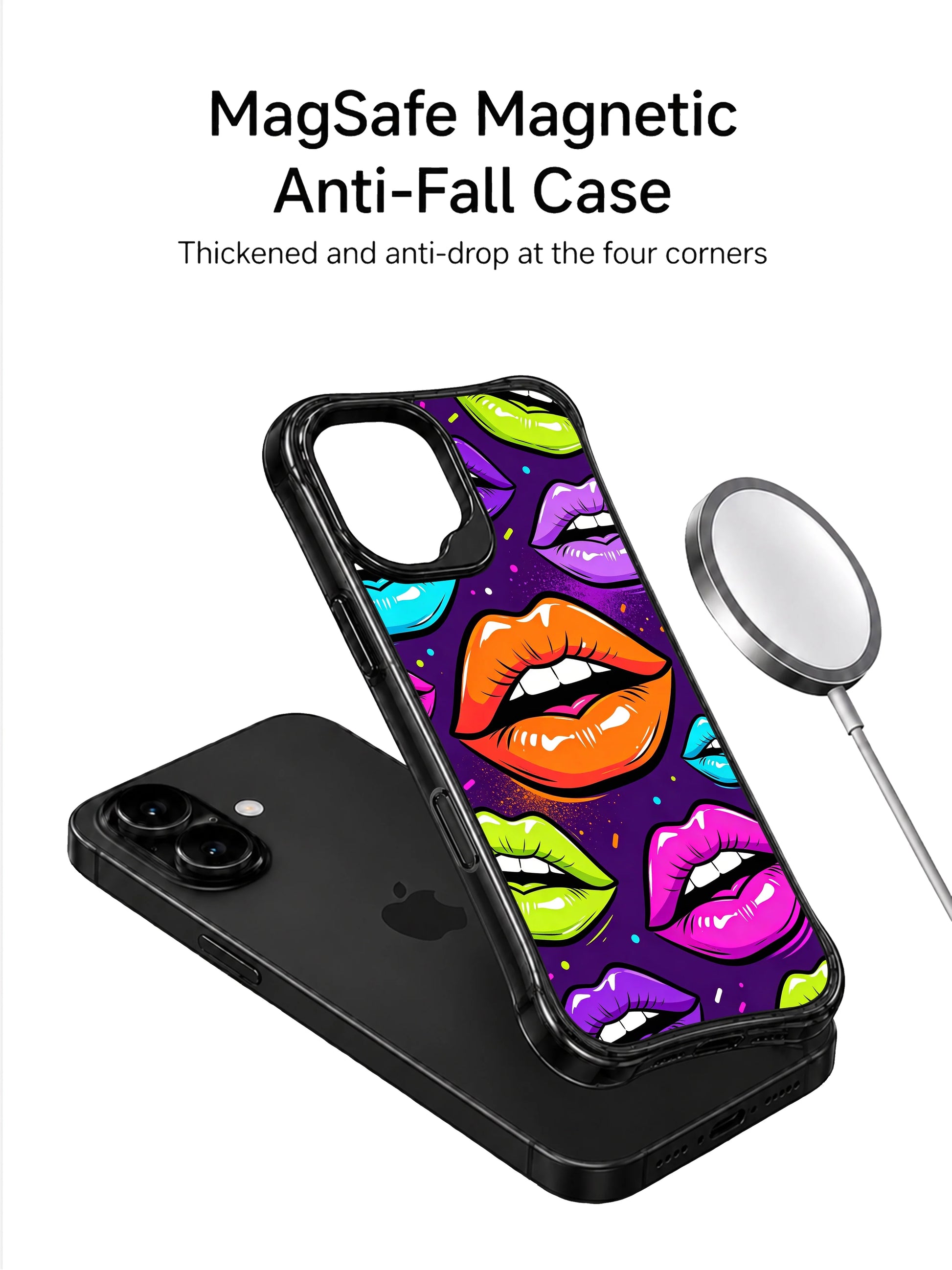 PhoneCasing iPhone 16 case featuring electric pop lips artwork with orange, purple, blue, green, and hot pink lip shapes for bold iPhone 16 cases.