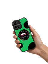 PhoneCasing iPhone 16 case with emerald green pop art styling, black lip artwork, and colorful dots for a confident iPhone 16 casing look.