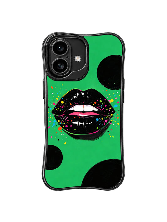 PhoneCasing iPhone 16 case featuring Emerald Night Lips artwork with glossy black lips, emerald green background, black dots, and colorful paint sparks.