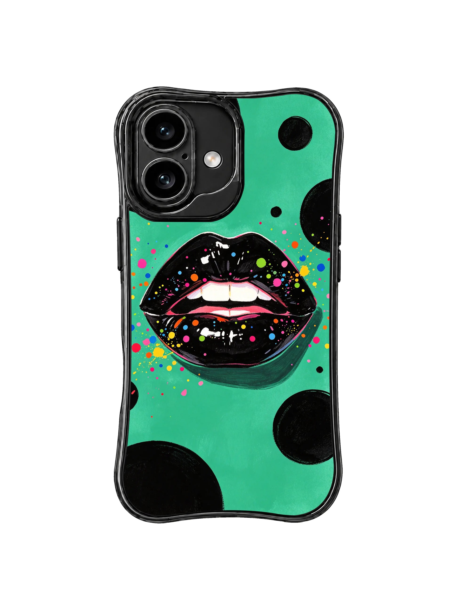 PhoneCasing iPhone 16 case with emerald green and black lip artwork, styled for shoppers also browsing iPhone 16 Pro case designs.