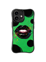 PhoneCasing iPhone 16 case featuring emerald signal lips, black circular accents, and scattered color sparks for expressive iPhone 16 cases.