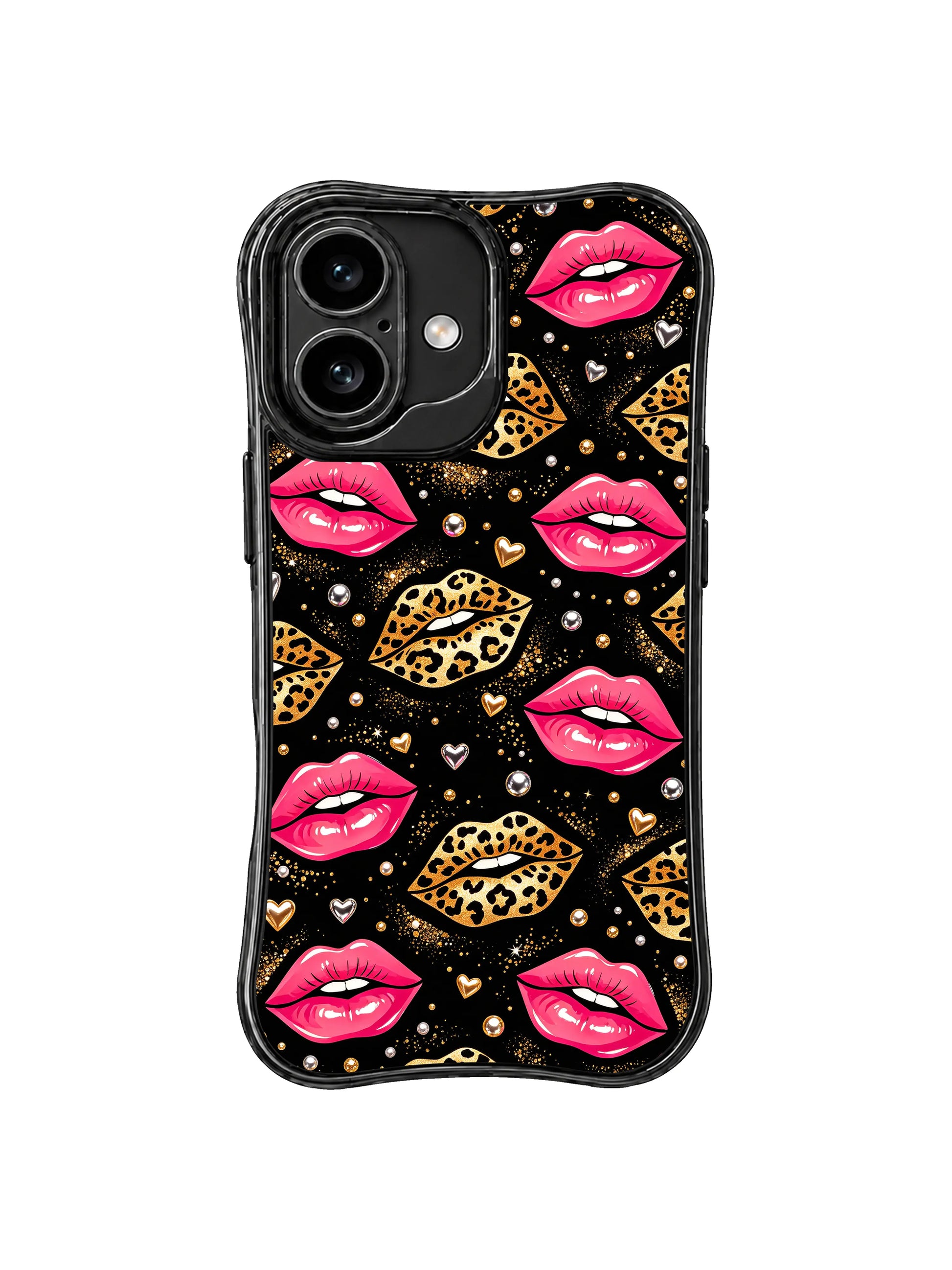 PhoneCasing iPhone 16 case featuring fashion lips on black with gold shimmer and rhinestone details, also appealing to iPhone 16 Pro case shoppers.