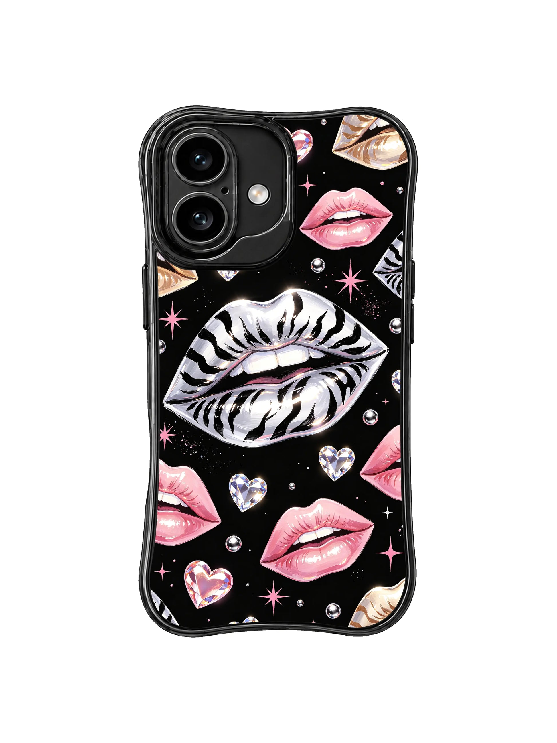 PhoneCasing iPhone 16 case presented as a fashion-inspired iPhone 16 cover with silver zebra lips, pink gloss, and crystal sparkle.