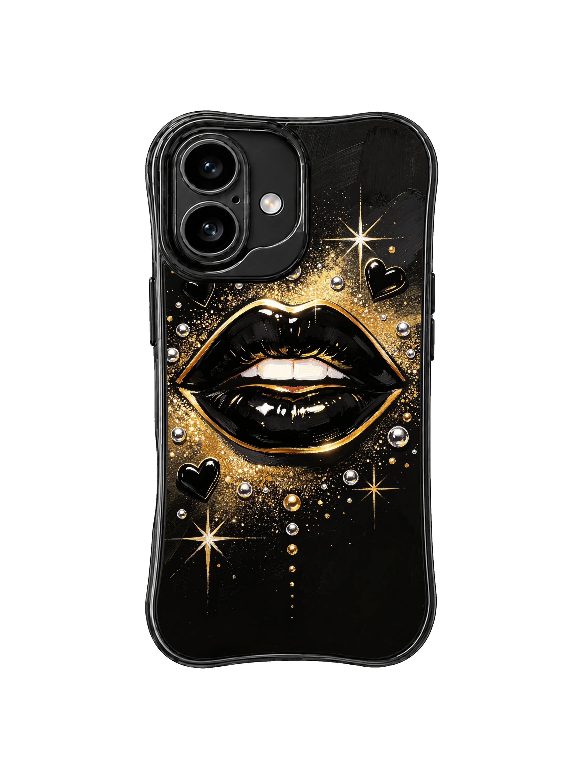 PhoneCasing iPhone 16 case featuring gilded heart details, black glossy lips, and gold starbursts for iPhone 16 Pro Max case shoppers.