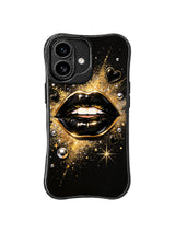 PhoneCasing iPhone 16 case with gilded night lips, metallic gold shine, and tiny star accents for a polished pop glam finish.