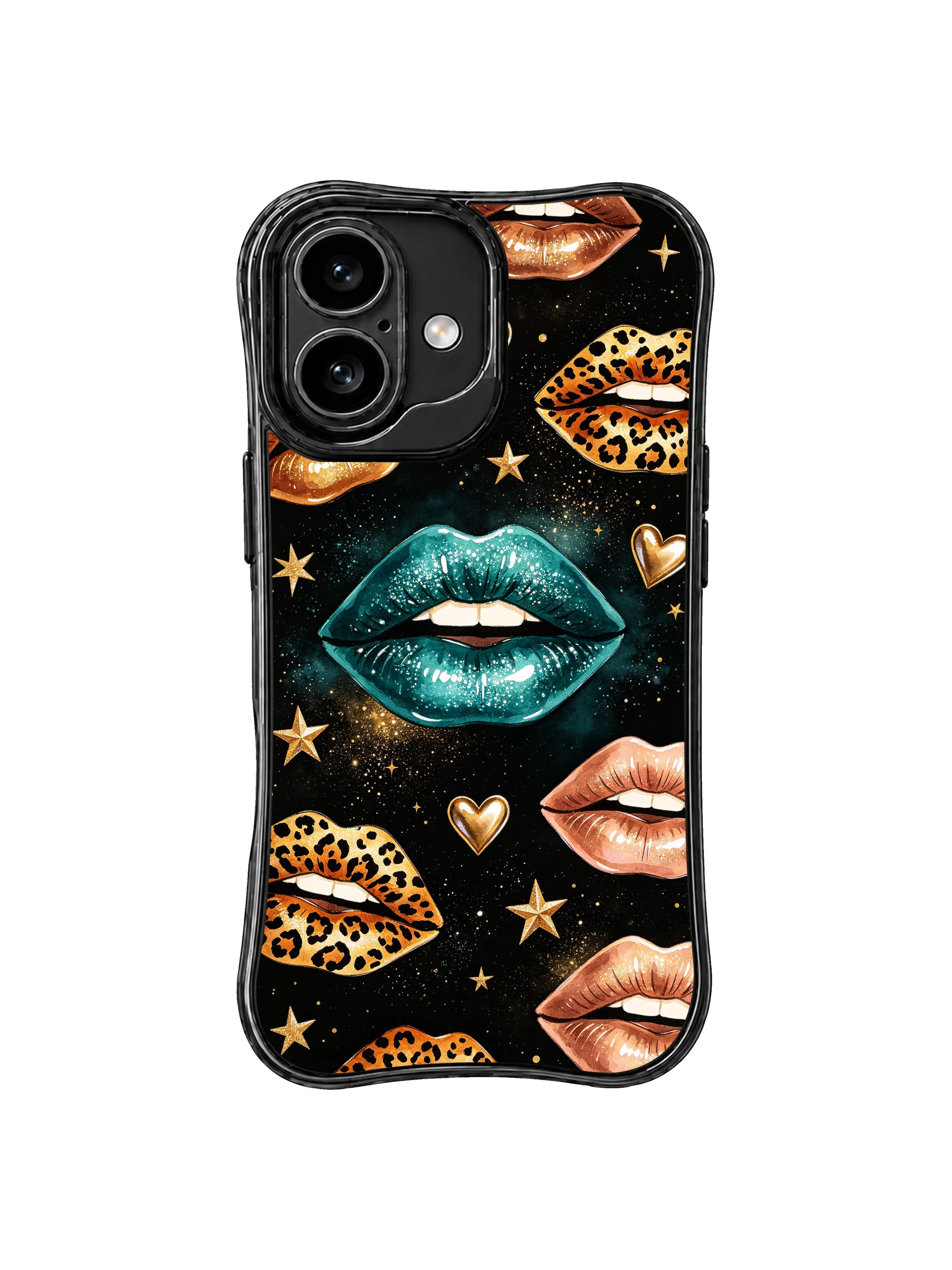 PhoneCasing iPhone 16 case featuring a gilded wild kiss pattern with teal lips, bronze gloss, leopard lips, and starry black contrast.