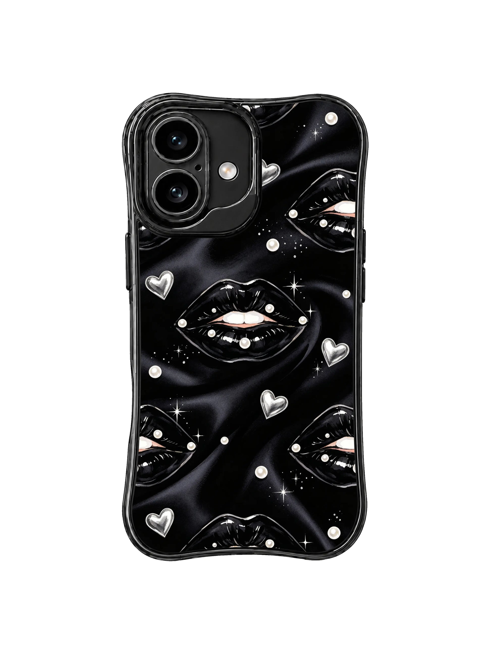 PhoneCasing iPhone 16 case with glam black pearls, glossy lip illustration, silver heart accents, and a sophisticated monochrome finish.