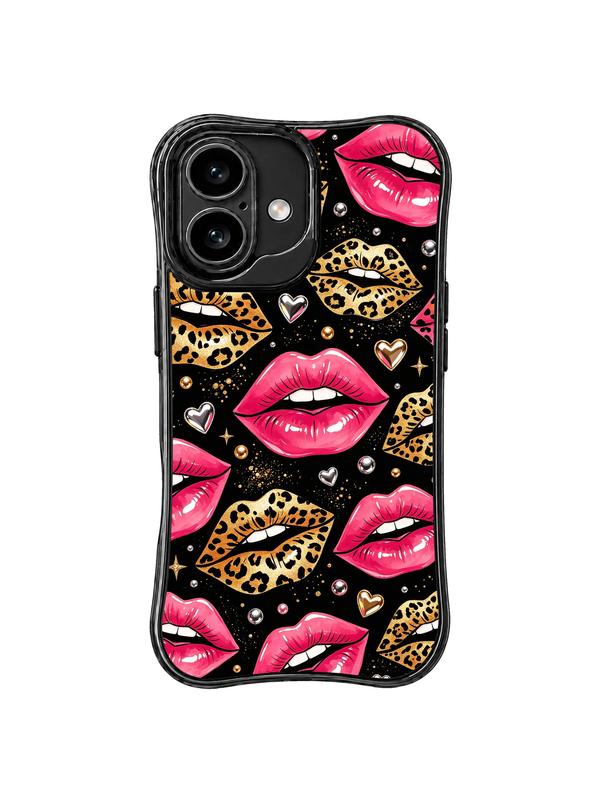 PhoneCasing iPhone 16 case with glam leopard night styling, glossy pink lips, and jeweled hearts, suitable for shoppers browsing an iphone 16 cover.