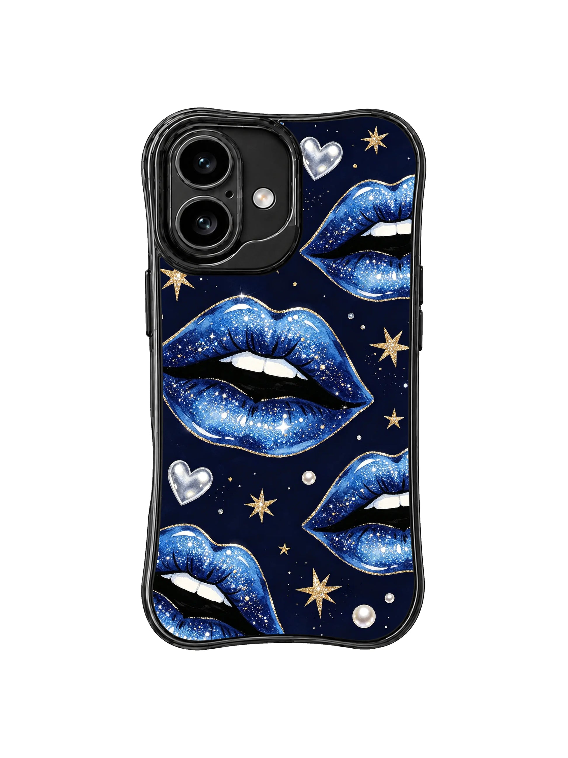 PhoneCasing iPhone 16 case with glitter blue lip cover artwork, pearl dots, gold stars, and deep navy contrast.