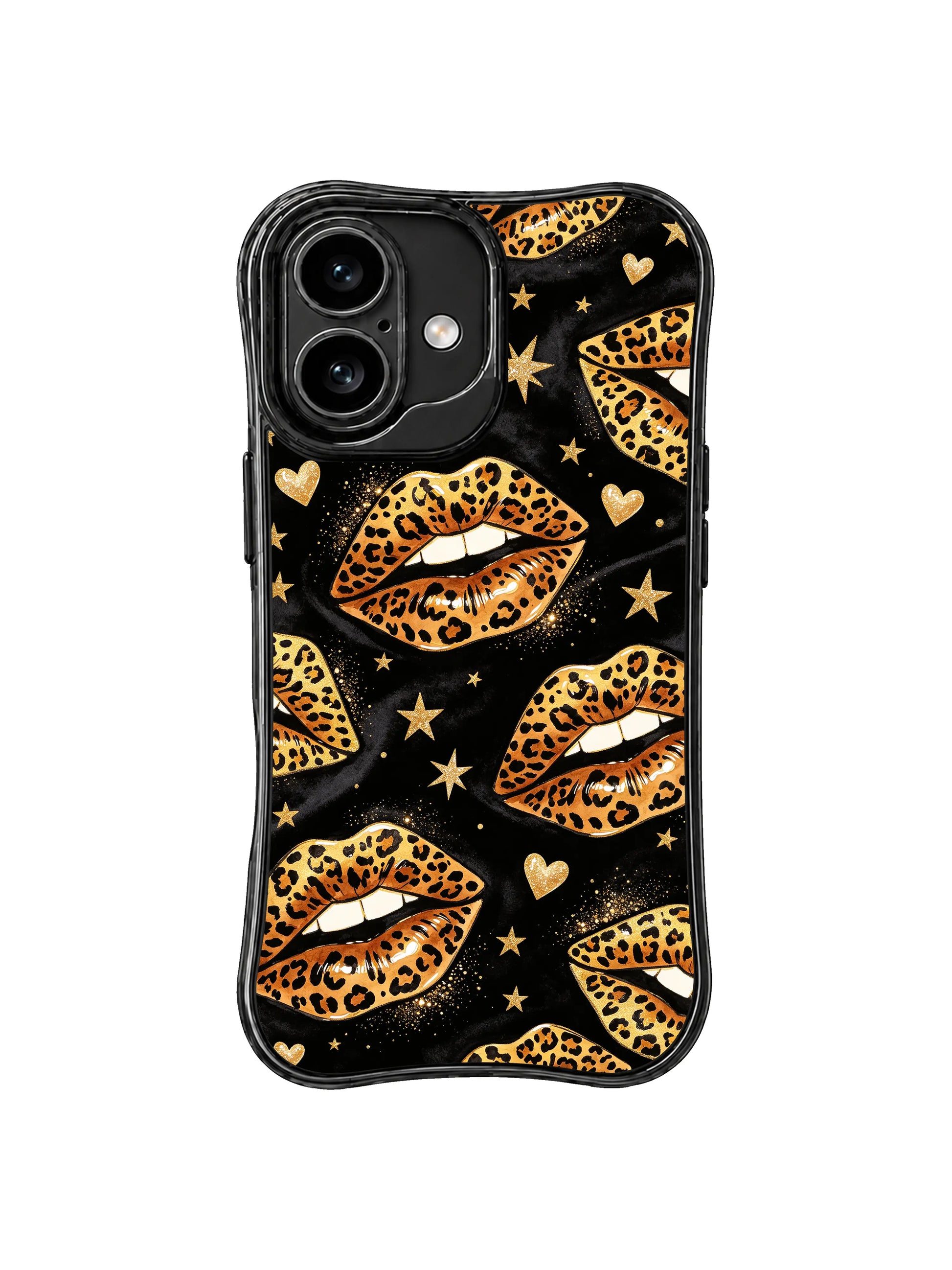 PhoneCasing iPhone 16 case with glitter leopard kiss artwork, black velvet-like space, and gold stars that add shine without feeling overdone.