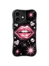PhoneCasing iPhone 16 case featuring glitter lips, black night tones, and pink heart gems, a polished iPhone 16 casing that balances softness with a confident edge.